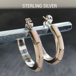SIGNED- J.C. Chico Sterling Silver Mother Of Pearl Zuni Hoop Inlay Post Earrings